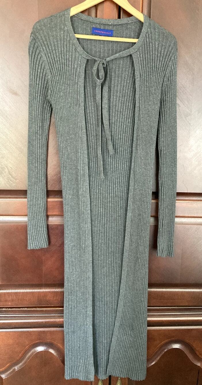 Aeropostale - Y2K 90s Whimsigoth Ribbed Knit Gray Tie Neck Duster Sweater - M